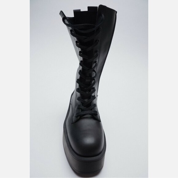 Zara Black Flat Leather Platform Combat Boots - Picture 6 of 7
